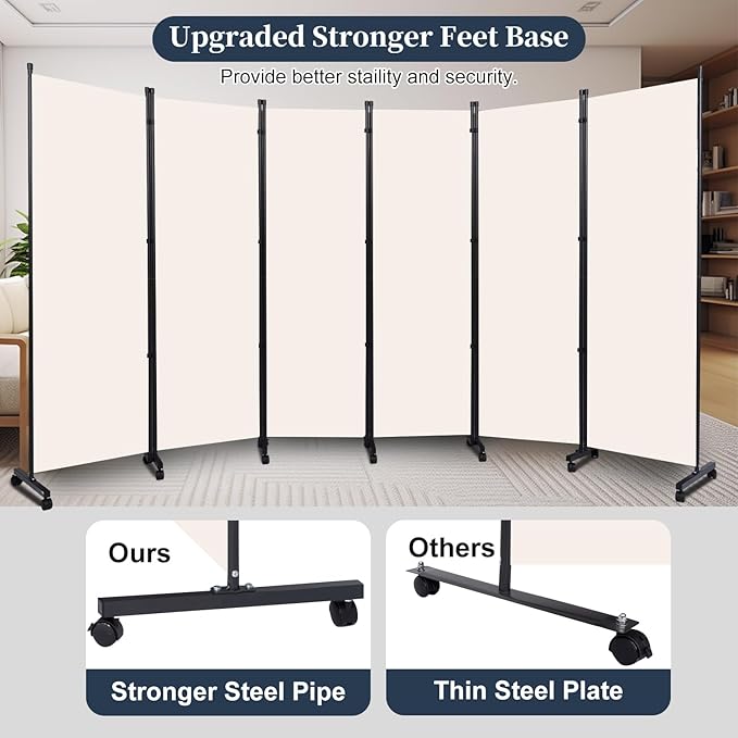 Room Divider Folding Privacy Screens with Lockable Wheels, 132'' Partition Room Dividers Freestanding Room Divider Fabric Panel for Room Separation, Wall Divider for Home Office Bedroom Dorm Decor