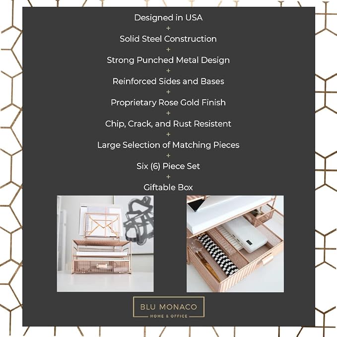 BLU MONACO Rose Gold Desk Organizer with Drawer | Metal Mesh Desktop Rack with File Sorters & Paper Storage | Space-Saving Workspace Organizer for Home Office, Cubicle, Kitchen or Dorm