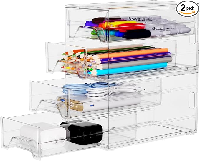 Acrylic Stackable Drawer Storage Organizer: Slim Desk Mini Drawers | transparent Plastic deep desktop makeup clear compartment holder countertop