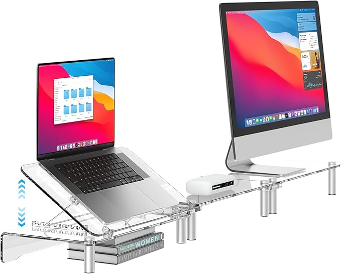 Clear Acrylic Dual Monitor Stand Riser,Laptop Riser Adjustable to 8 Angles | Double Computer monitor riser for desk for 2 Monitors,Desktop organizer Stand for Laptop,PC,Printer,TV，Cute Desk Accessories