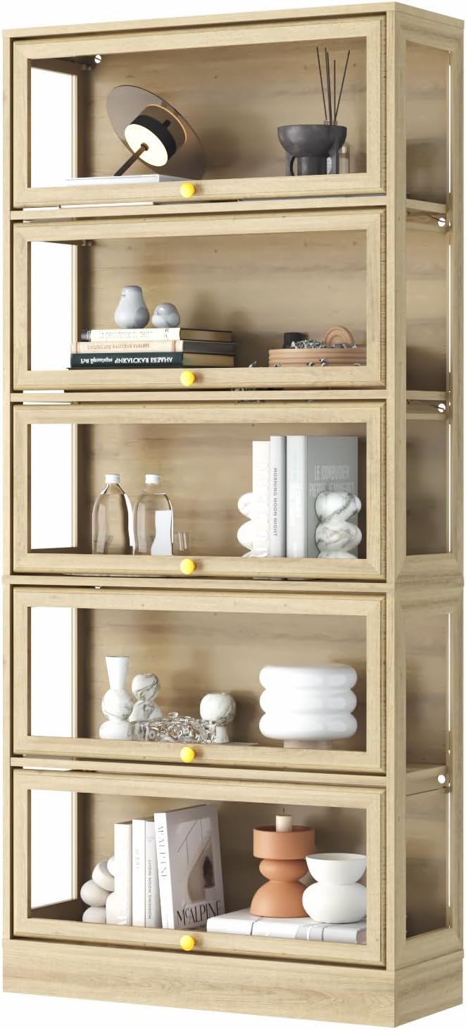 Display Cabinet with Acrylic Glass Doors,5-Tiers Curio Cabinet with LED Lighting for Collectibles, Collectibles Toy Organizers Rack & Display Shelf Display Case Storage Cabinet, Nature