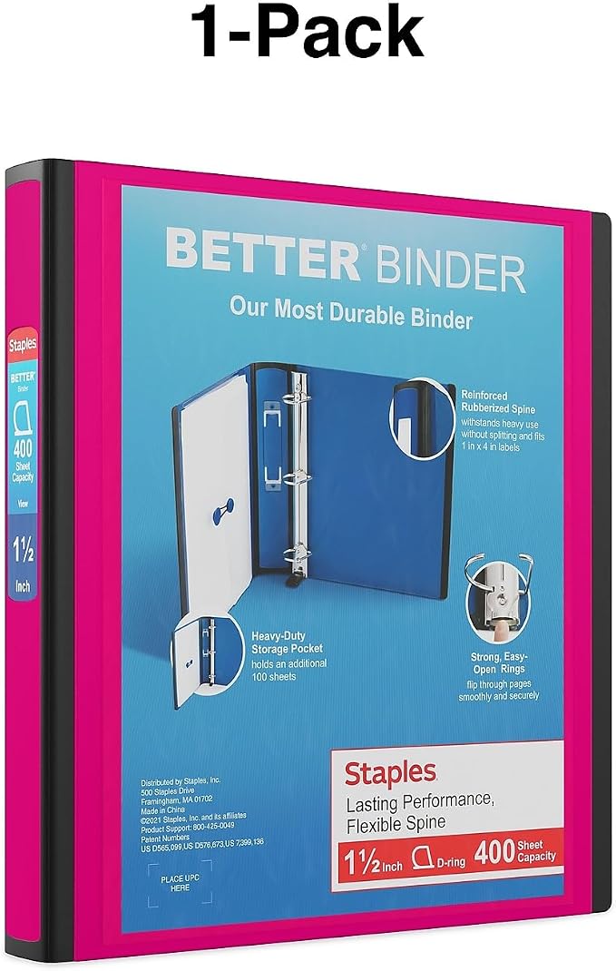Staples Better 1.5-Inch 3-Ring Binder, Pink, Heavy-Duty | Durable binder built for school and office document organization.