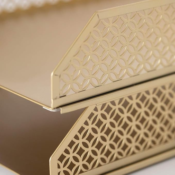 BLU MONACO | Paper Tray Stackable Gold Set of 2 | Stackable File Trays for Desk Organization | Tiered Desk Organizer with Metal Letter Trays