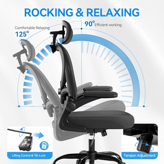 Ergonomic Office Chair, Mesh Home Office Desk Chairs with 3D Headrest | Freepub Computer Gaming Chair whit Adjustable High Back Lumbar Support, Executive Swivel chairs, 350LBS Capacity, Black