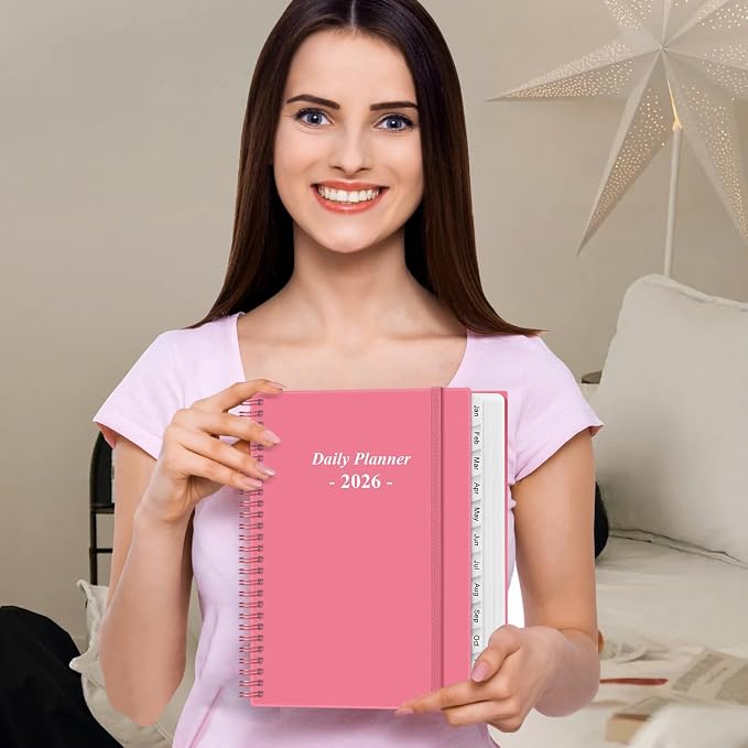 Daily Planner 2026 Full Page Per Day- 2026 Daily & Monthly Planner from January 2026 to December 2026, Day Planner 2026 with 12 Months Tabs, 8.5" x 11", Pink