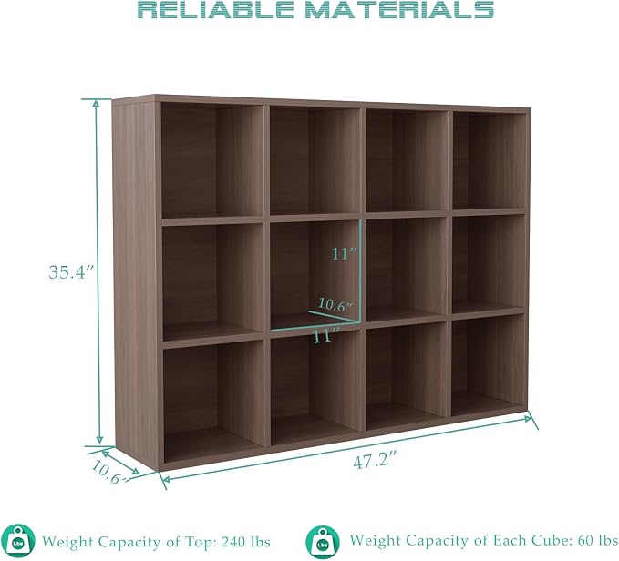12-Cube Storage Shelf Bookcase, Walnut | Wooden 3-Tier Open Bookshelf, Fits 11×11" Bins, Vertical or Horizontal Use, Full Back Panels, For Home Office