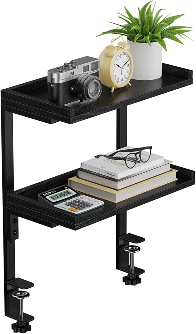 Clamp On Desk Shelf 2-Tier, 12.6 inche Wood Shelving Unit for Office Desk/Gaming Accessories, Tabletop Book Storage Rack, Shelf for Top & Under of Desk, Black
