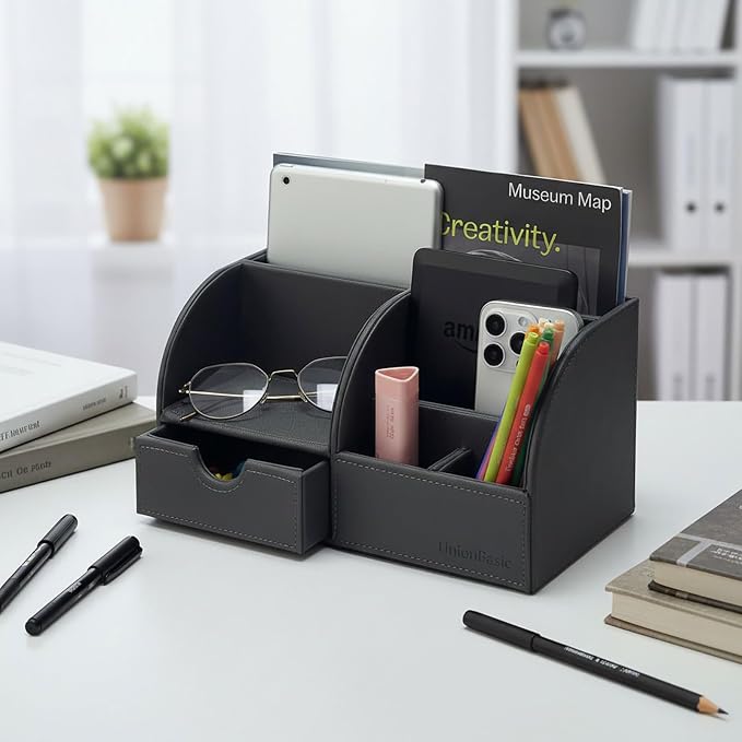UnionBasic Desk Organizer - Multifunctional Leather Desktop Pen Holder Storage Box - Business Card/Pen/Pencil/Mobile Phone/Stationery Holder, Taiga Dark Gray