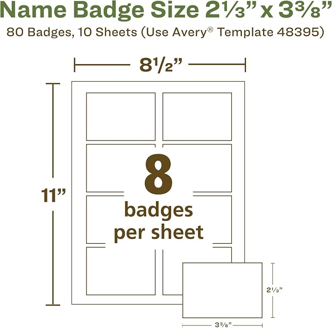 Avery EcoFriendly Recycled Name Tags, 2-1/3" x 3-3/8", White, Removable Adhesive, 80 Printable Name Badges (48395)