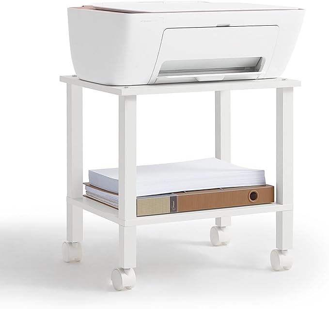 YUFAM 2 Tier Under Desk Printer Stand with Storage, White | Wooden Small Printer Table for Home Office, Rolling Printer Cart Shelf with Lockable Wheels