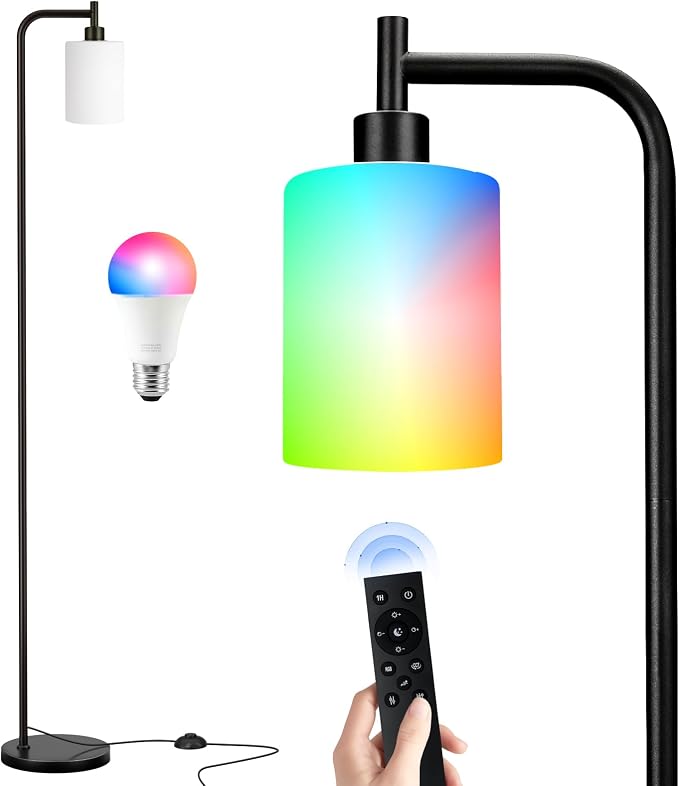Ziisee RGB Floor Lamps for Living Room, Dimmable Industrial Standing Lamp with Remote Control for Bedroom Office Corner, 3 Colors Temperature, White Glass Shade, 9W RGB LED Bulb