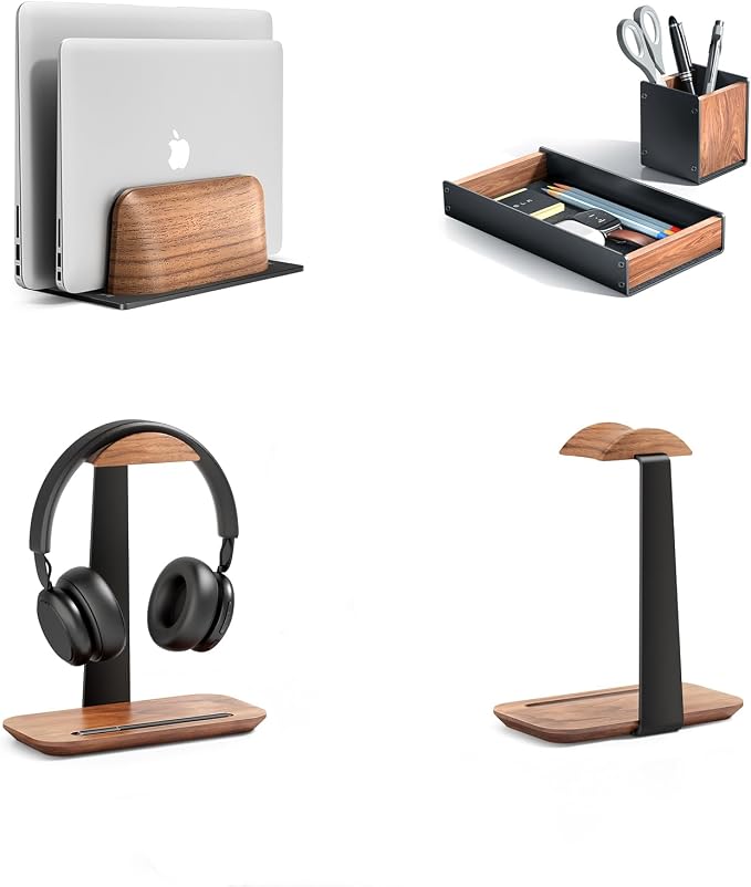 UPERGO Vertical Laptop Stand Holder, Wood Headphone Stand, Desk Organizer with Pen Holder
