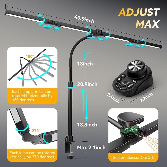 Adjustable LED Desk Lamp with Clamp, 4-Head Eye-Caring CRI95+ Desk Light, Stepless Dimming & Color Temp Remote Control, Flexible Neck, 5-Mode for Reading, Computer, Crafting, 90" Wide Desk Coverage