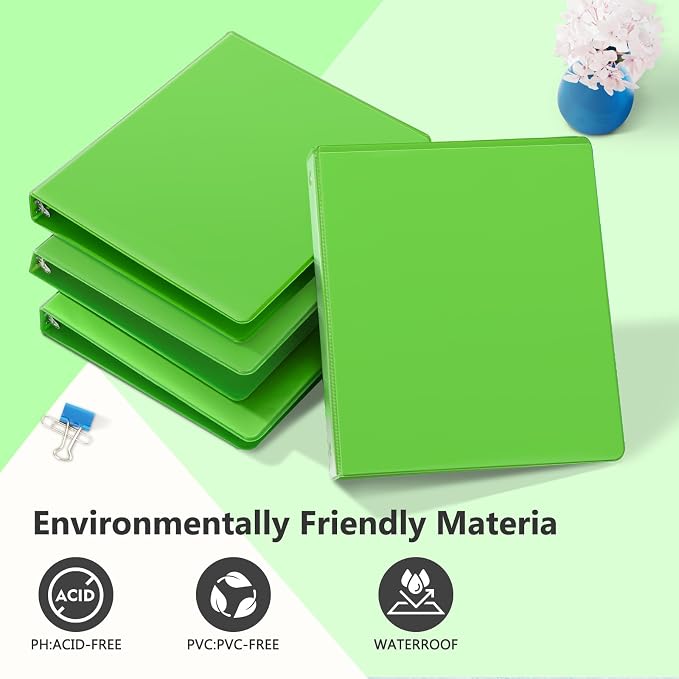 ViVin 1 Inch Round Ring View Binder for Durability, 6-Pack (Ivy Green) | Standard 3 Ring Binder for 200 Sheets of US Letter Size Paper, PVC-Free, Clear View Cover, Office Home School Use