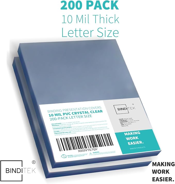 Binditek 10 Mil PVC Binding Covers, 8.5 x 11 Inches, Clear, 200 Pack | Plastic Binding Covers, 8.5" x 11" Letter Size, Clear, Square Corners, Unpunched, Ideal for Business Reports and Proposals
