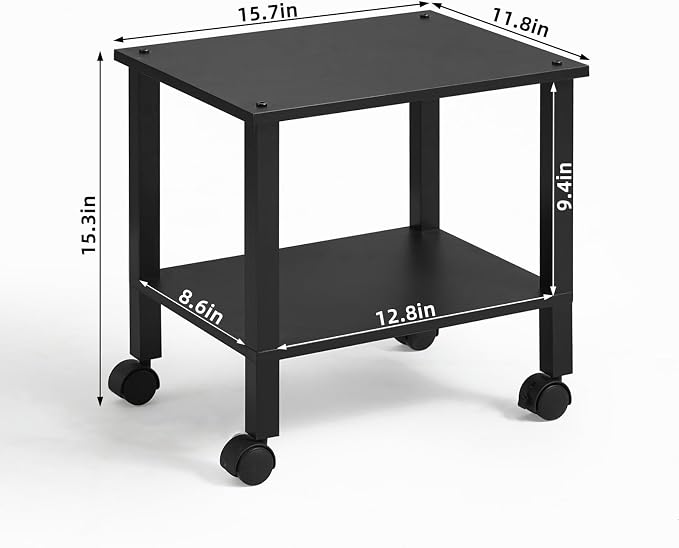 YUFAM 2 Tier Under Desk Printer Stand with Storage, Black | Wooden Small Printer Table for Home Office, Rolling Printer Cart Shelf with Lockable Wheels