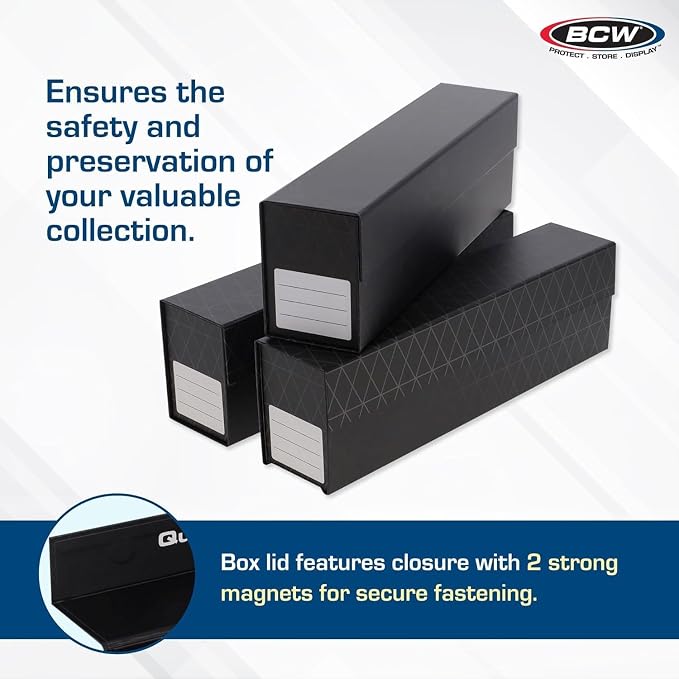 BCW QuickFold Card Boxes for Toploaders and Magnetics, Magnetic Lid, 6 Pack | Each box holds 225 toploaders or 50 magnetic holders, with quick assembly, a secure magnetic lid, and end labeling.