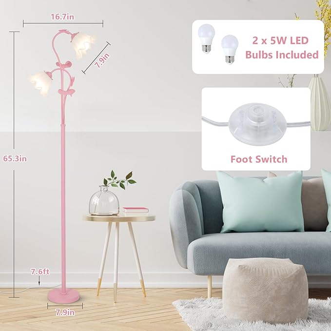 HMVPL Pink Flower Floor Lamp, Floral Standing Lamp with 2 LED 5W Blubs, Foot Switch, Modern Corner Tall Lamp with Acrylic Shade, Girls Cute Floor Lamp for Living Room Bedroom Office Kids Reading