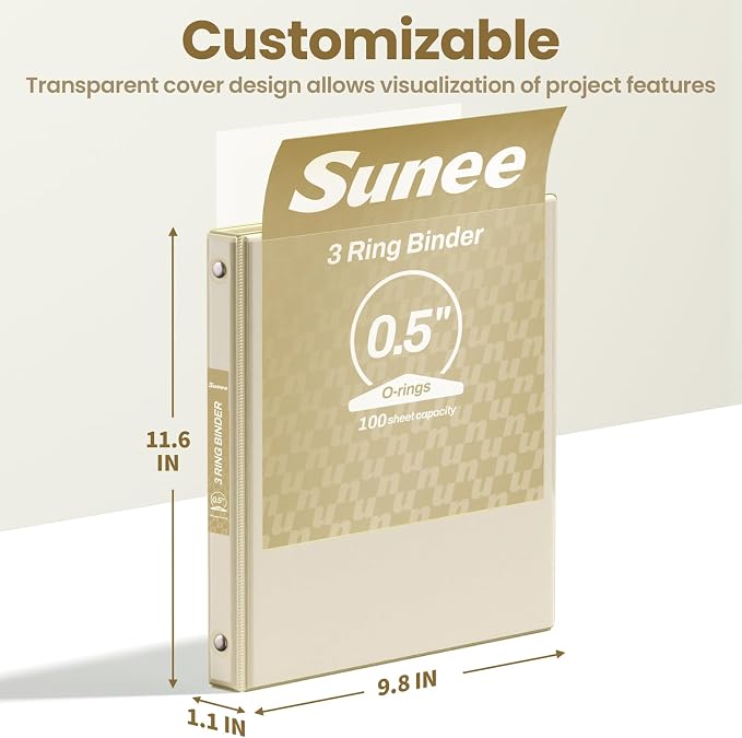 SUNEE 3 Ring Binder 1/2 Inch 4 Pack, Clear Half Inch View Binder Three Ring 0.5" PVC-Free (Fit 8.5x11 Inches) for School or Office Supplies, Neutral Aesthetic