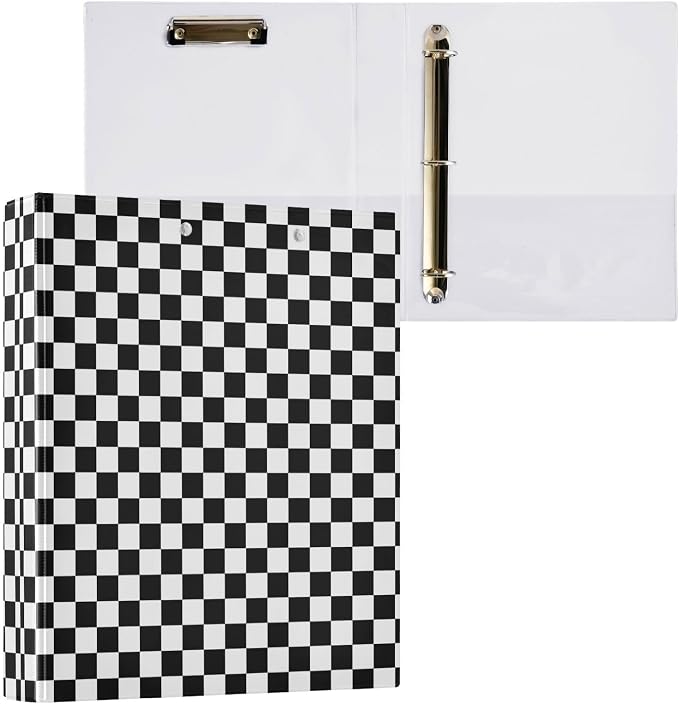 3 Ring Binder Black White Checkered Pattern 1.5" Round Ring Binders View Binder with 200 Sheet for Women Men Office Kids School Supplies, 1 Pack