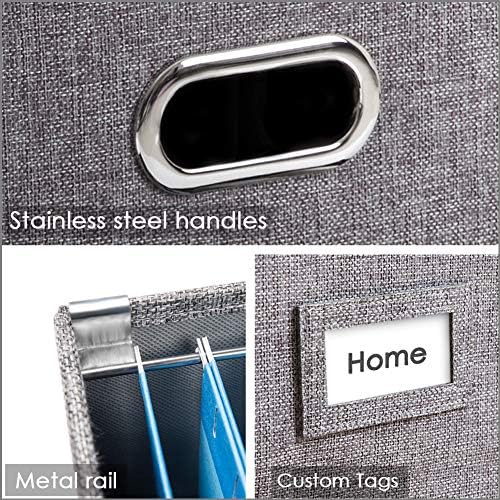 PRANDOM File Organizer Box - Set of 2 Collapsible Decorative Linen Filing Storage Hanging File Folders with Lids Office Cabinet Letter Size Grey (14x9.3x10.8 inch)