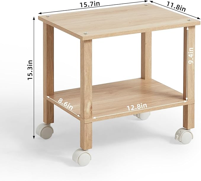 YUFAM 2 Tier Printer Stand with Storage,Under Desk Shelf Printer Table,Small Printer Stand with Wheels,Rolling Printer Cart for Office | Wooden Small Printer Table for Home Office, Rolling Printer Cart Shelf with Lockable Wheels