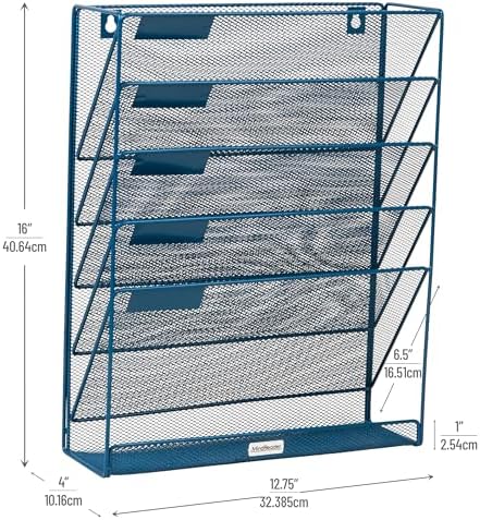 Mind Reader 5-Pocket Vertical File Storage, Desktop Organizer, Wall Mount, Office, Metal Mesh, Turquoise