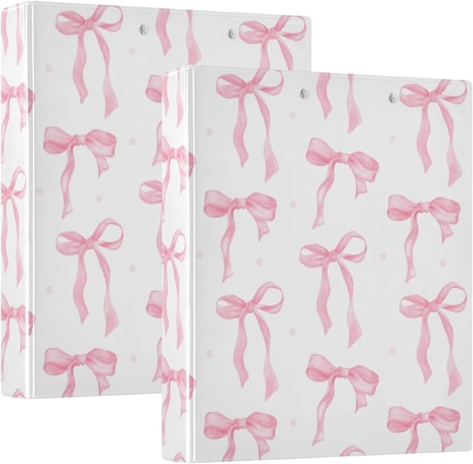 Bowknot Riband Pink Bow Dots Preppy Cute Binder 3 Ring 1.5 Inch Binder with Clipboard&Pockets, Hardcover Binders Heavy Duty Large File Folder for Office School Supplies - Holds 200 Sheets,2 PC