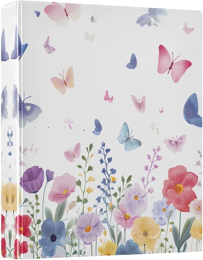 3 Ring Binder Butterfly Blossom Spring Flowers 1.5" Round Ring Binders View Binder with 200 Sheet for Kids School Supplies Women Men Office, 1 Pack
