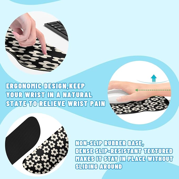 Flowers Mouse Pad Set Minimalist Retro Daisy Gaming Mousepad 4in1 Desk Mat for Desktop Wrist Support Cup Coaster Set Ergonomic Computer Desk Arm Wrist for Decor Home Office