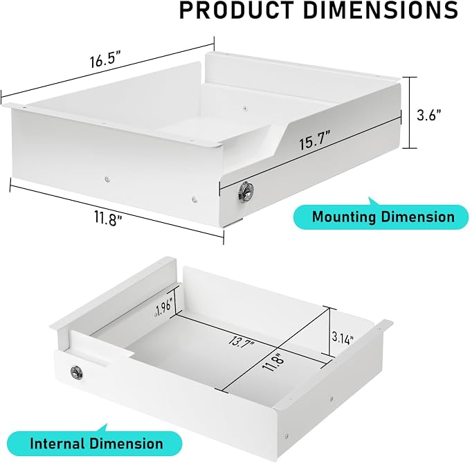 Under Desk Drawer Storage with Lock, Metal Undermount Table Drawer, Ball Bearing Slides Out Tray Organizer for Paper, Pencil, and Laptop 16"x11.8"x3.6", White