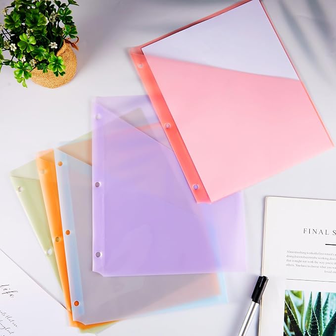 Maitys 50 Pack Binder Pockets 3 Ring, Letter Size 8.5x11,Pastel Colors | Clear Plastic Document Sleeves, Sheet Protectors with Slash Jacket, Fits Standard 3 Hole Binders, Organize Office Papers