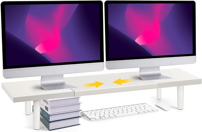 Across-Star Dual-Monitor-Stand-Riser-For-Desk Adjustable Length 32-40 Inch，Large Desktop Computer Monitor Riser For 2 Screens，Desk Shelf Organizer Riser Stand For Computer/Laptop/PC/Printer/TV Black