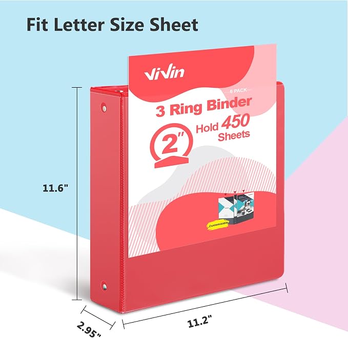 ViVin 2 Inch Round Ring View Binder for Durability, 6 Pack (Assorted) | Standard 3 Ring Binder for 450 Sheets of US Letter Size Paper, PVC-Free, Clear Front Pocket, Office Home School Use