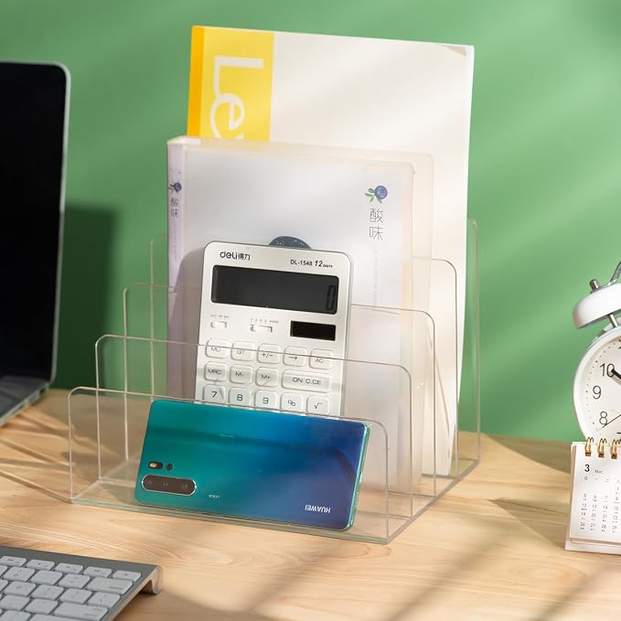 Sooyee Acrylic File Organizer for Desk, Mail Organizer Countertop,Clear | 4-Section File Holder, For Home Office, For Letter, Document, Notebook, Binder, Purse, Palette,Mail,Folder