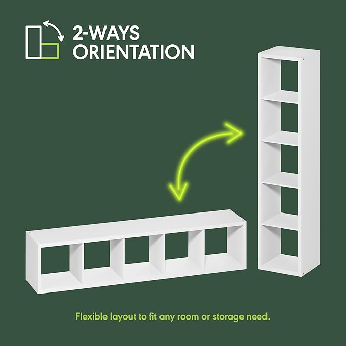 Furinno Cubicle Book Shelf, 5-Cube Bookshelf, Extra Thick Frame Horizontally & Vertically Reversible Bookcase with Open Back, 14.6 x 15.9 x 72, for Living Room, Bedroom, Home Office, Plain White