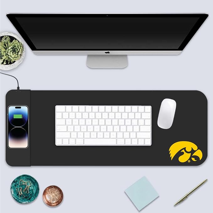 The University of Iowa Classic Wireless Charging Cloth Desk Mat, Durable Office Supplies, Non-Slip Base, Quick Charging Wireless Desk Pad, Black