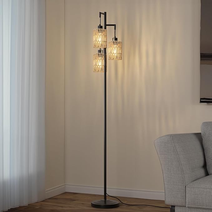 70" Floor Lamps for Living Room, Stepless Dimmable Boho Floor Lamp with 3 Bulbs, Tall Farmhouse Industrial Corner Standing Tree Lamp for Bedroom, Office, Study Room, Dining Room, Black