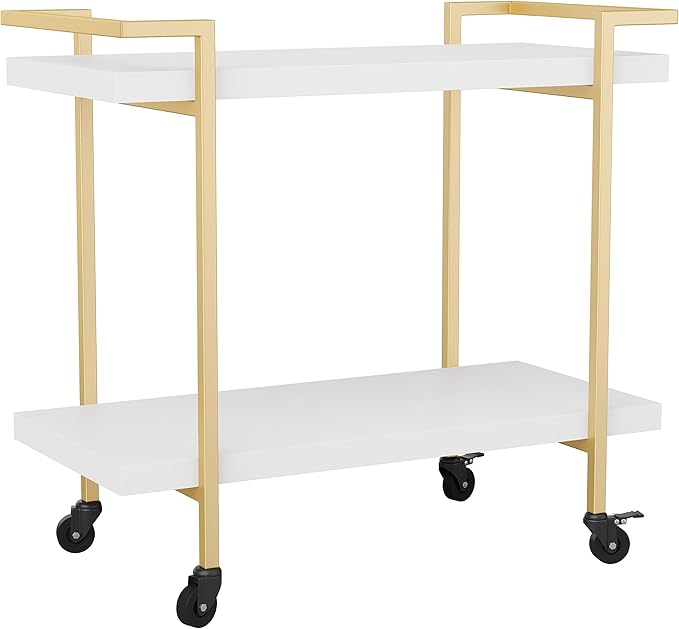 Martha Stewart Liam 2-Tier Mobile Office Storage and Printer Cart, White | Polished Brass Frame