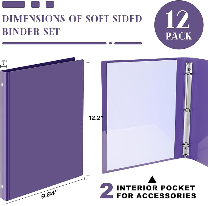 Fulmoon 12 Pcs Economy View 3 Ring Plastic Binder 12.2 x 9.8 Inch Plastic Round Ring Binders with Pockets Notebinder for Meetings for Home, Office, School(Purple, 1 Inch)