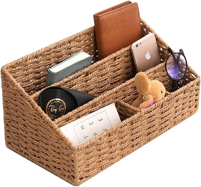 Mail Organizer for Desk - Countertop Mail Sorter & Magazine Holder, Brown Desk Organizer with 5 Compartments for Letters, Bills, Office Supplies, 12.7'' L x 6.3'' W x 7.1" H