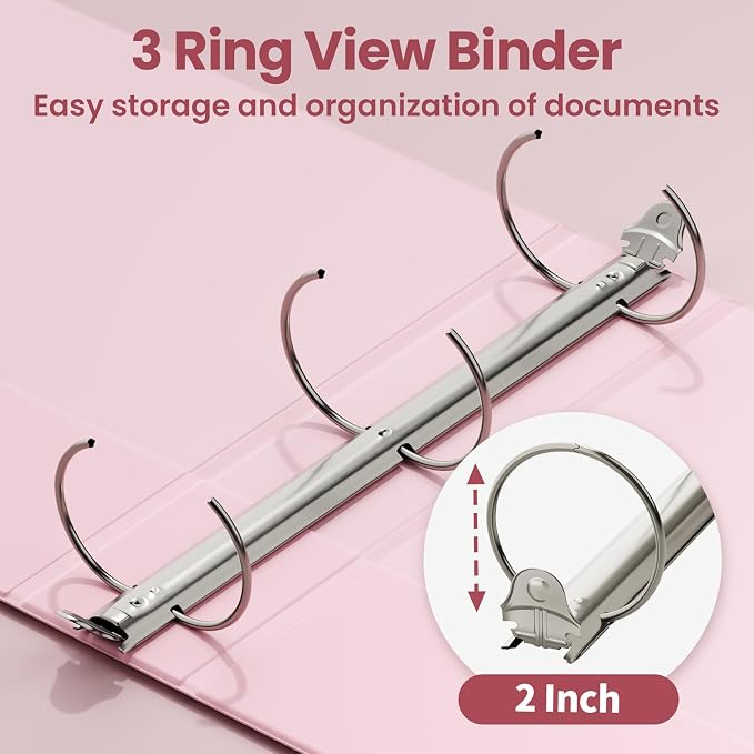 SUNEE 2 Inch Binders 3 Ring 6 Pack, Clear View Three Ring 2" Binders PVC-Free (Fit 8.5x11 Inches) for School or Office Supplies, Pink