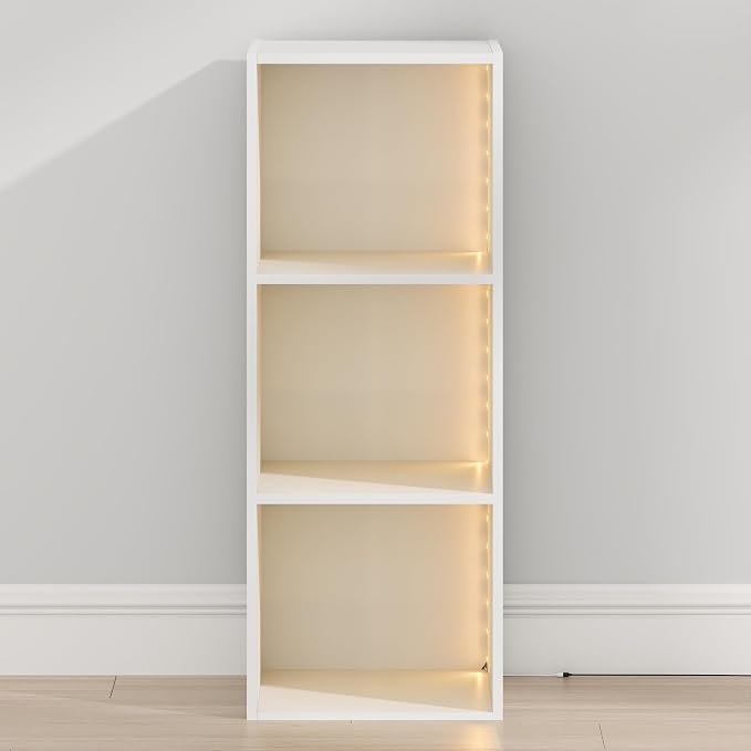 Furinno LUDER Book Shelf with LED Lights, 3-Cube Bookshelf, Bookcase, 9.3 x 12 x 31.5, for Home Office, Living Room, Study Room, White