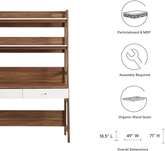 Modway Bixby Home Office Desk with Bookshelf in Walnut White