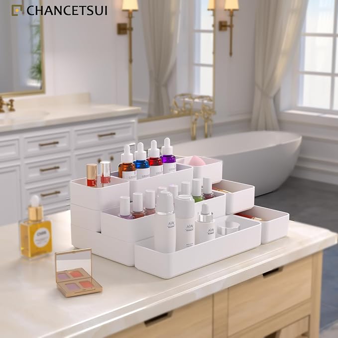 White Desk Drawer Organizer Trays: 9PC Shallow Vanity Bathroom Organizers | cosmetic short office plastic stackable storage quality makeup dorm kitchen