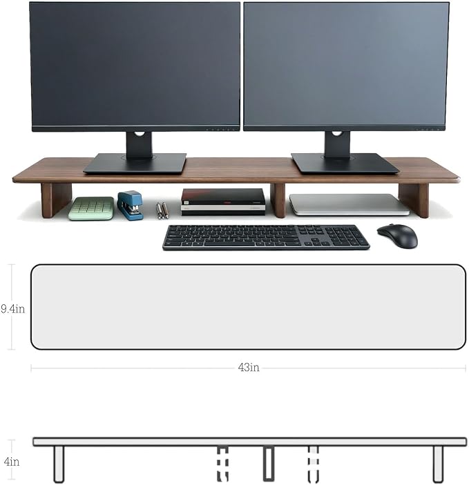 Solid Wood Dual Monitor Stand Riser Walnut Monitor Riser for Desk Wooden Desk Shelf Ergonomic Monitor Stand for Home Office