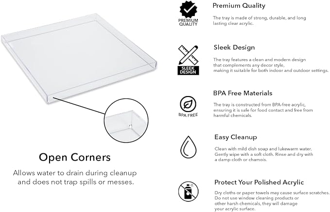 Clear Acrylic Organizer Tray, 12 x 12 Low-Profile Display & Vanity Tray – BPA-Free, Bathroom, Desk, Decor & Serving (Dry Use Only) - Made in USA