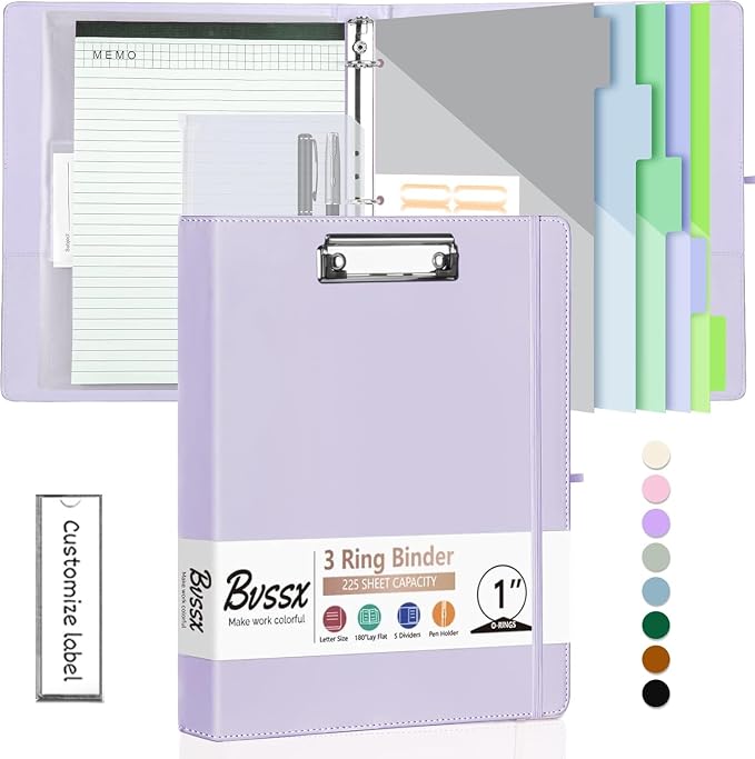 3 Ring Binder with Clipboard,1 Inch Binders with Notepad&5 Dividers with Pockets, Labels,PU Clipboards for School Office(Purple,Letter Size)