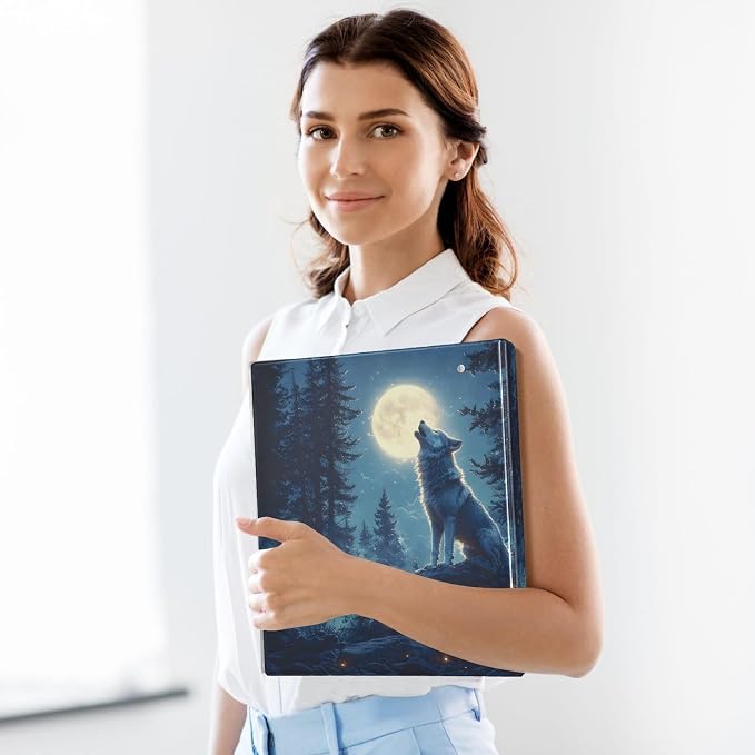 3 Ring Binder Wolf Moon Galaxy Winter Forest a 1.5 inch Binders Three Ring Binders with Clipboard Fit 8.5'' x 11'' Paper 3 Interior PVC Clear Pockets for Office Supplies