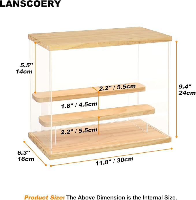 LANSCOERY Acrylic Display Case with RGBW Lights, 3 Tier Wood Finish | 11.8 x 6.3 x 9.4 in case displays small figures on desks or shelves with tiered rows and front access.